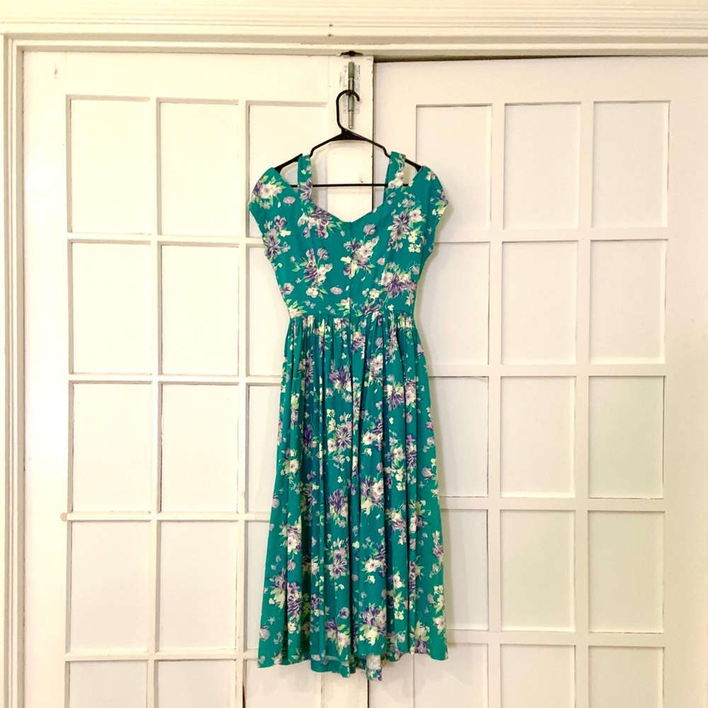 Laura Ashley 80s does 50s teal sateen midi dress - Picture 3 of 5